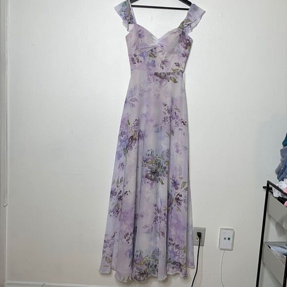 Marchesa Lilac Floral Chiffon Gown with Ruffle Cami Straps and Waist Tie Sz 0 - Picture 11 of 14